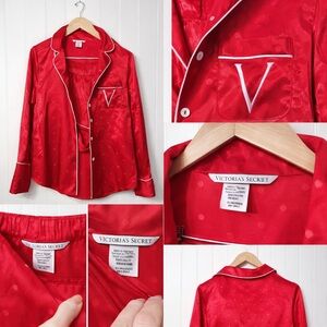 Victoria’s Secret Red Satin Pajama Set Long Sleeve Top Shorts Y2K Loungewear